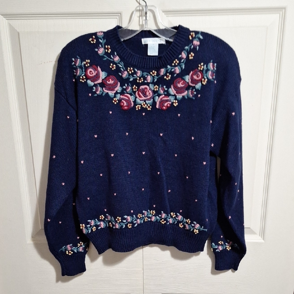 Vintage Jamie Scott Navy Pink Floral Embroidered Sweater-M
